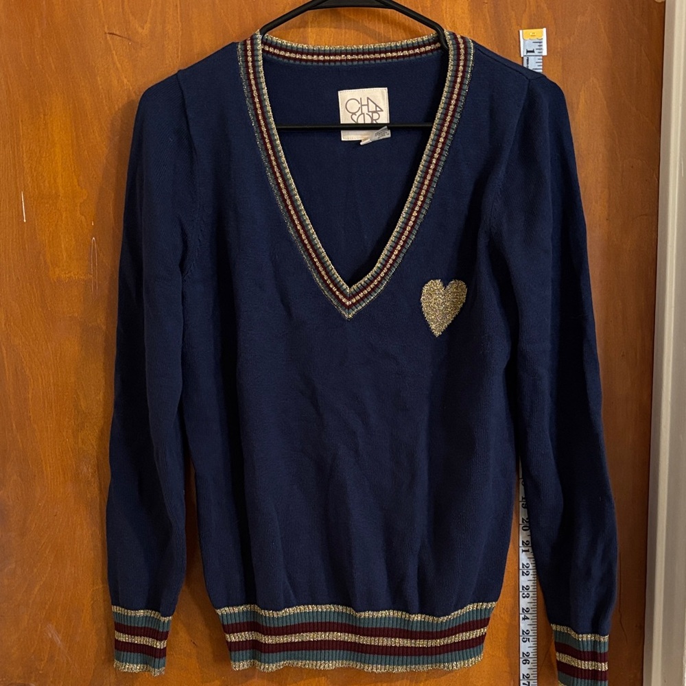 Chaser Navy V-Neck Sweater with Gold Heart